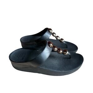 Fitflop Rola Leather Thong Sandal Black with Gold Studs Women's size 9